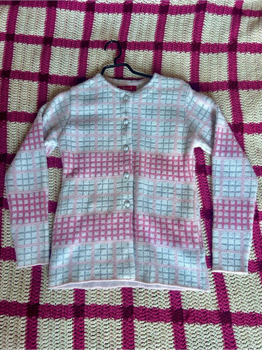 Vintage Pink and White Fuzzy and Metallic Gingham Buttoned Cardigan
